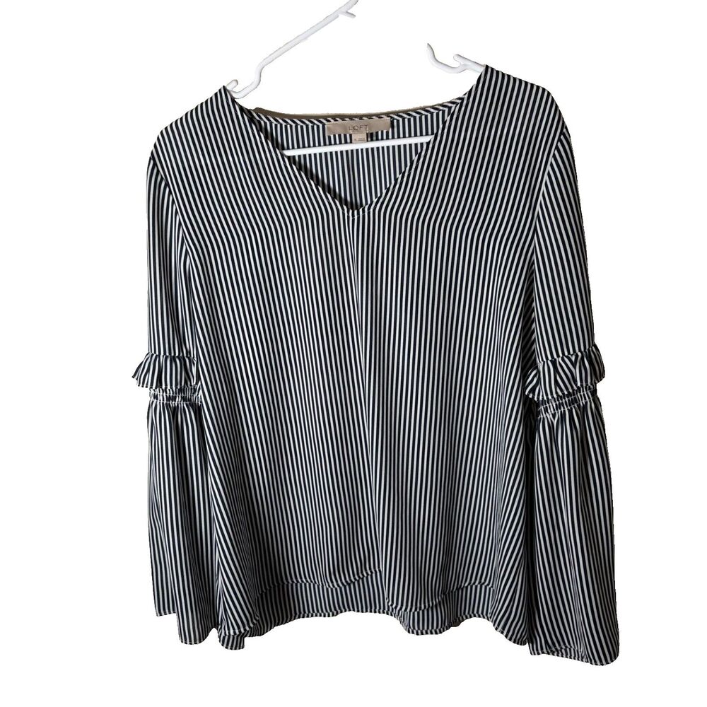 Loft Blouse Women's Medium Striped V-Neck Ruffle 3/4 Sleeve Lightweight Top